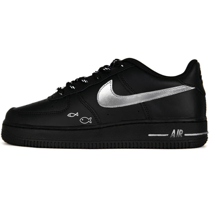 Nike Nike Air Force 1 Masked Fish Abrasion Resistant Low top Skateboard Shoes Unisex Black Silver