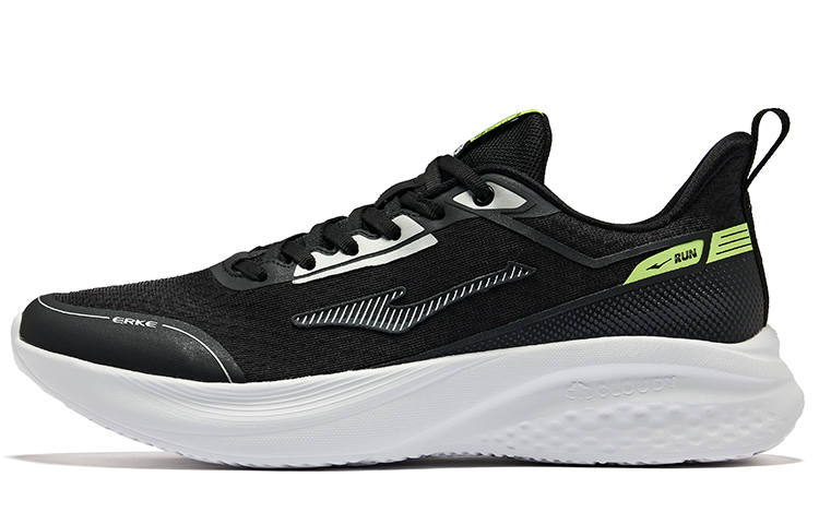 Erke Cushioning, Wear Resistant Low top Casual Running Shoes Men's Jet Black Fluorescent Glossy Finish Green