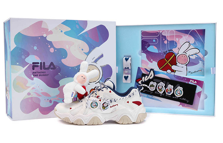 FILA ANDONGNIBUERTU x FILA Collaboration Edition, Cat Paw Shoes Low top Chunky Sneakers Women's Red White Gift Box Set
