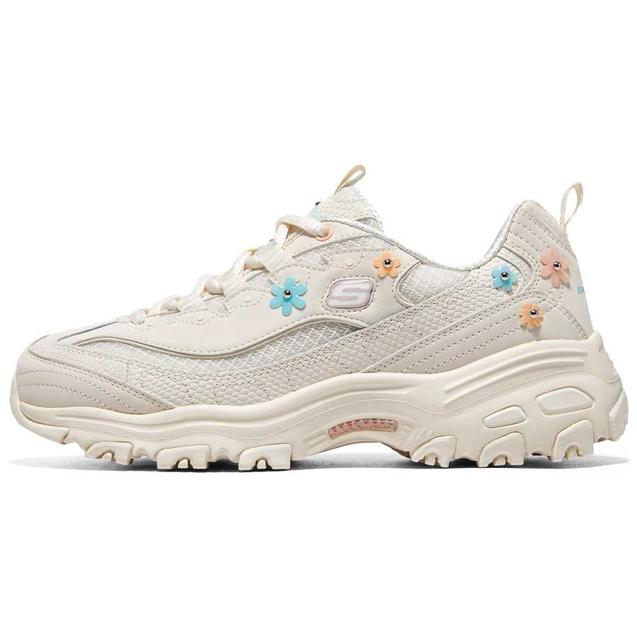 Skechers D'Lites 1.0 Flower Heart Bear*2 Textile, Synthetic Leather Low top Chunky Sneakers Women's Beige White Blue