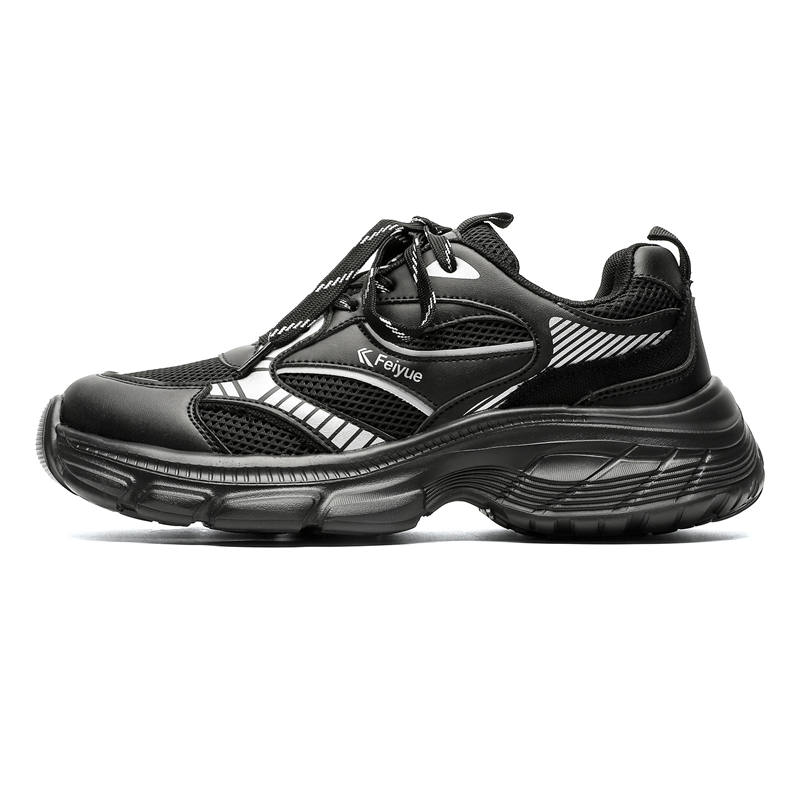 FEIYUE Textile, Synthetic Leather Slip-Resistant Abrasion-Resistant Low-top Chunky Sneakers Men's Black