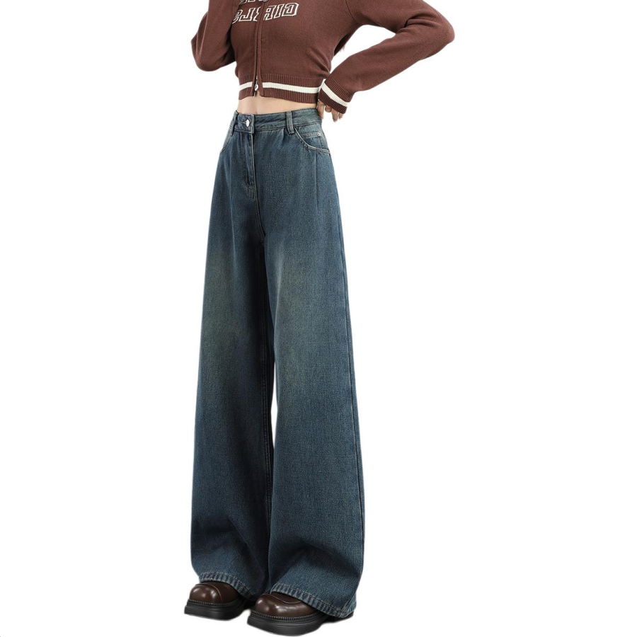Tonlion Jeans Women's Vintage Blue Thickened And Fleece Lined Wide Leg Pants