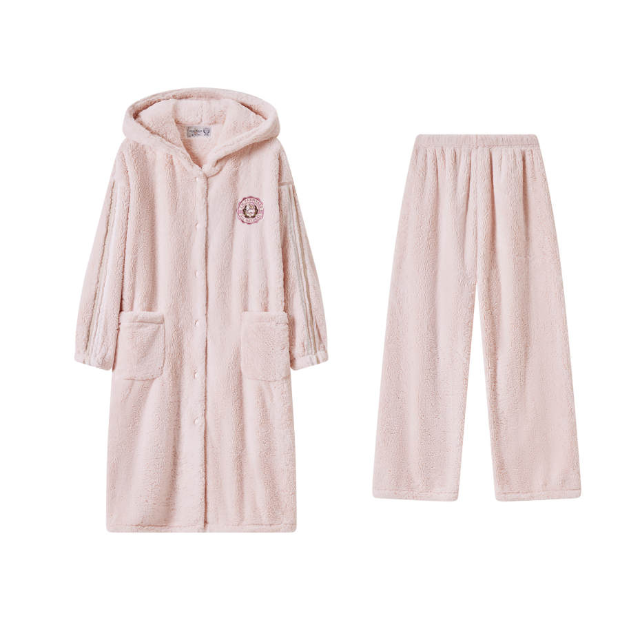 Teenie Weenie Pastoral Song Bear Fleece Lined Comfortable Thermal Long Hooded Sleep Robe Pants Pajama Set Unisex