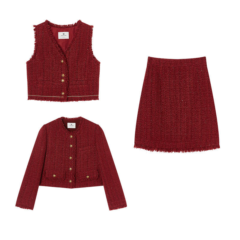 XIANGYING Two Piece Skirt Sets Women's Red Crew Neck Moderate Short
