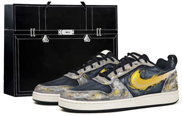 Nike Nike Court Borough Black Gold Tarot, Apollo, Sun God Textile, Leather Slip Resistant Abrasion Resistant Low top