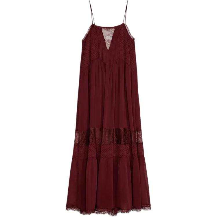 ZARA Slip Dresses Women's Burgundy Red Color Square Collar Moderate Midi Skirt