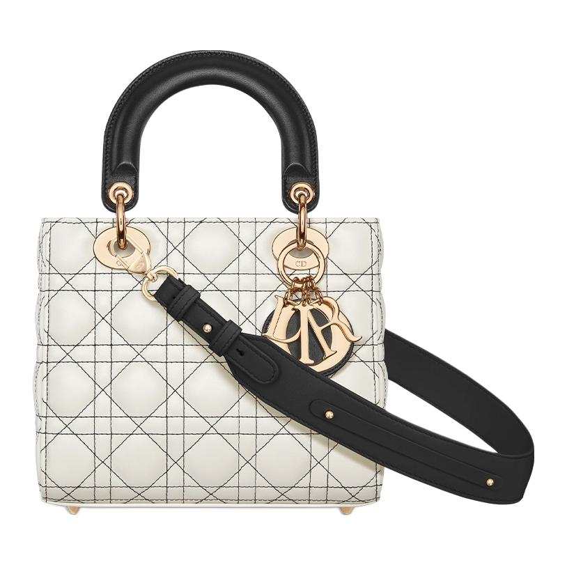 DIOR Lady Dior Lambskin Handbag One Shoulder Handbag Small Women's Black & White