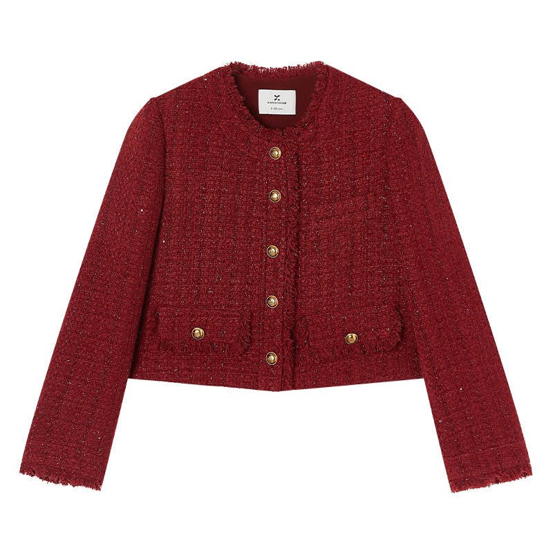 XIANGYING Jackets Women's Red Crew Neck Moderate Chanel Inspired