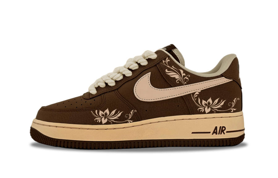 Nike Nike Air Force 1 Tan Lotus Pattern Slip Resistant Abrasion Resistant Low top Skateboard Shoes Unisex Brown White