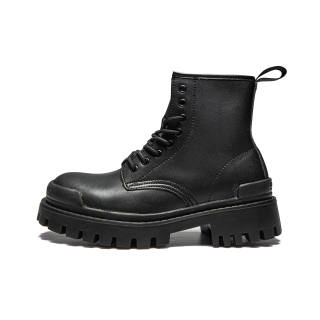 MQ Cow Split Leather Short Combat Boots Medium Heel Unisex Black