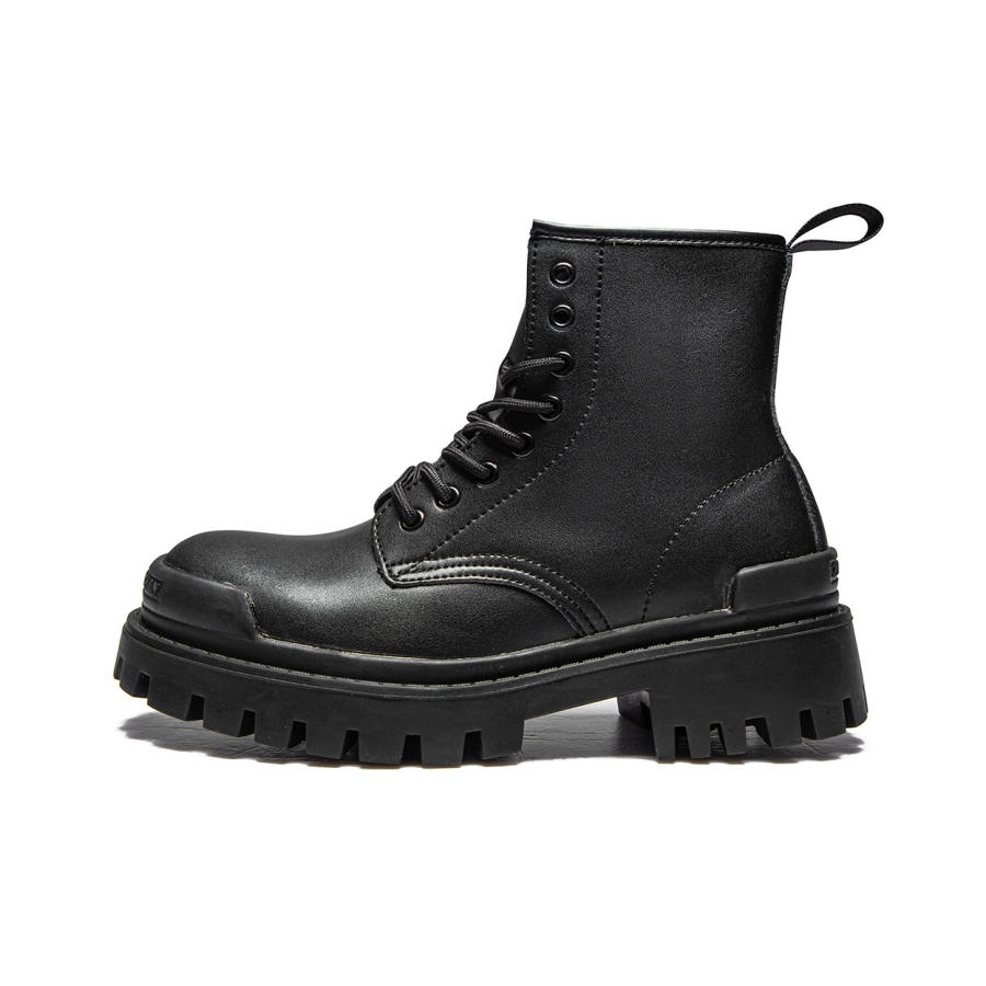 MQ Cow Split Leather Short Combat Boots Medium Heel Unisex Black