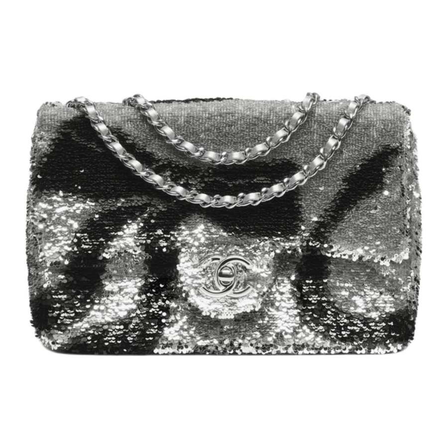 CHANEL Sequins Flap Bag Shoulder Bag Women's Black & Gray