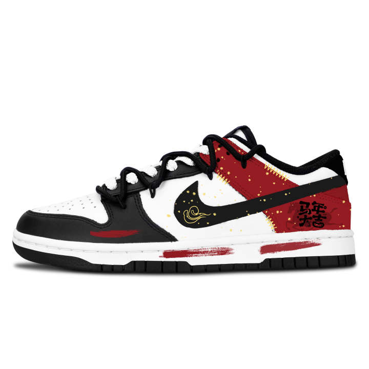 Nike Nike Dunk Black White, Red Gold Elegant Pattern Abrasion Resistant Abrasion Resistant Low top Skateboard Shoes Unisex