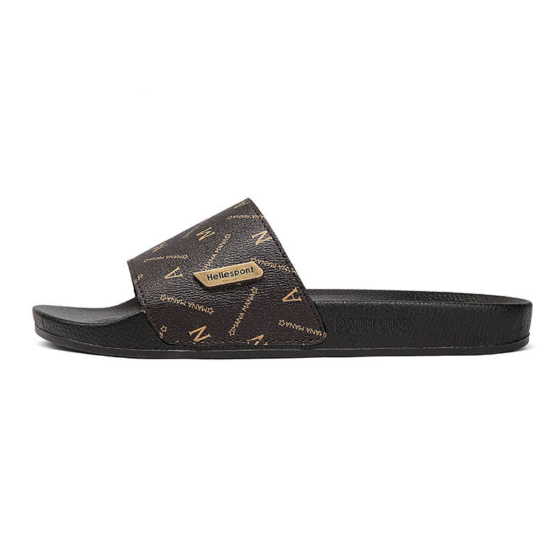 PAIBLOKS Leather Patchwork Quiet Abrasion Resistant Quiet Abrasion Resistant Slide Slippers Men's Brown