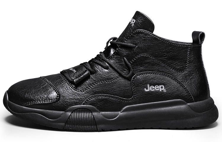 Jeep Cow Split Leather Outdoor Fleece Lined Versatile Trendy Genuine Leather Mid top Casual Shoes Men's Black