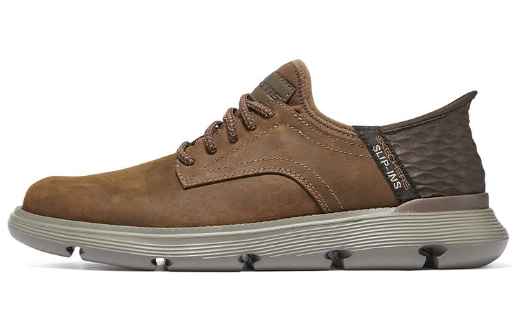 Skechers Slip Ins Hands Free Slip on Shoes Leather Abrasion Resistant Low top Casual Shoes Men's Brown
