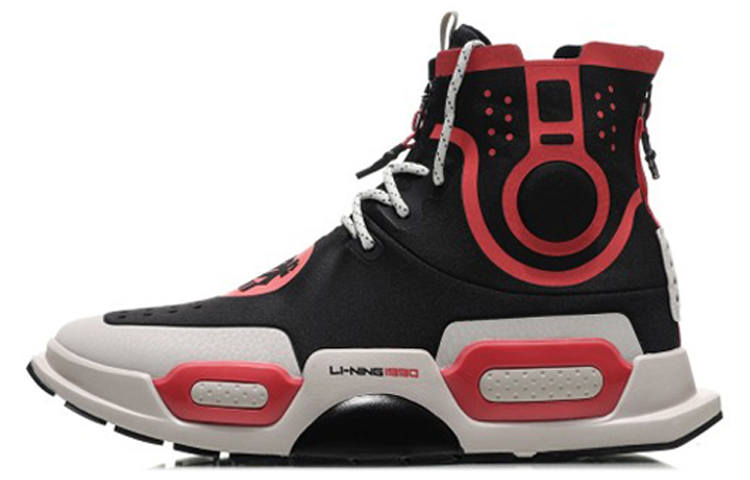 Li-Ning Li Ning Reburn Slip Resistant And Abrasion Resistant Coverage High top Sports Casual Shoes Men's Black Red