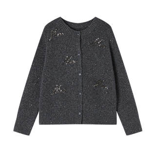 XIANGYING Knitwear Women's Dark Gray Crew Neck Moderate Cardigan
