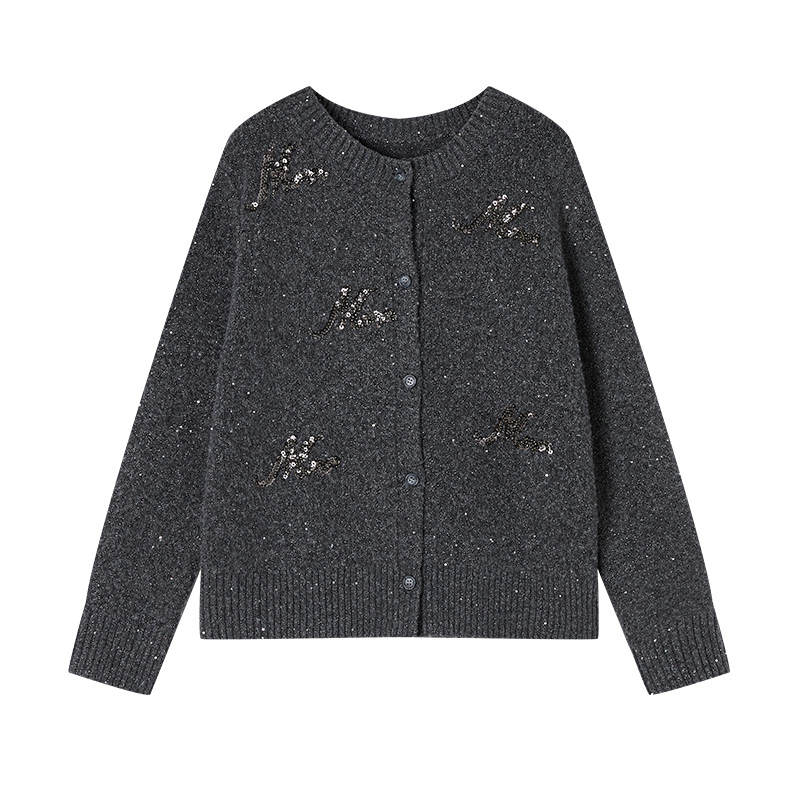 XIANGYING Knitwear Women's Dark Gray Crew Neck Moderate Cardigan