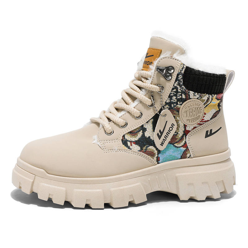 Warrior Fleece Lined, Chinese Fashion Trend Embroidery, Trendy Versatile Short Combat Boots Unisex Apricot Black