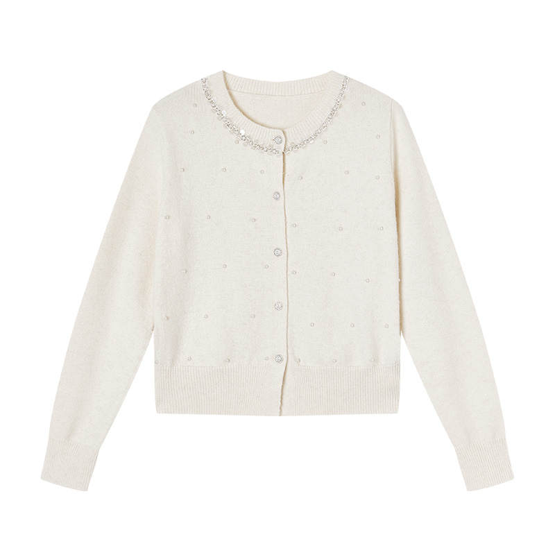 XIANGYING Knitwear Women's Heron White Crew Neck Moderate Cardigan