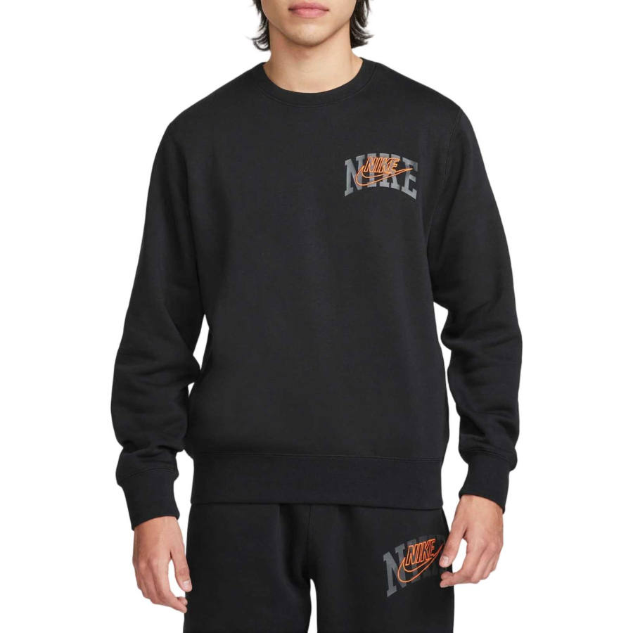 Nike Nike Club Sweatshirts Men's Black/Safety Orange Crew Neck Moderate Regular