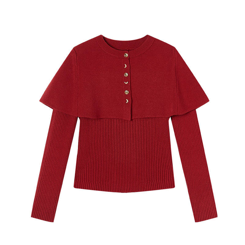 XIANGYING Knitwear Women's Red V Neck Moderate Two Piece Set