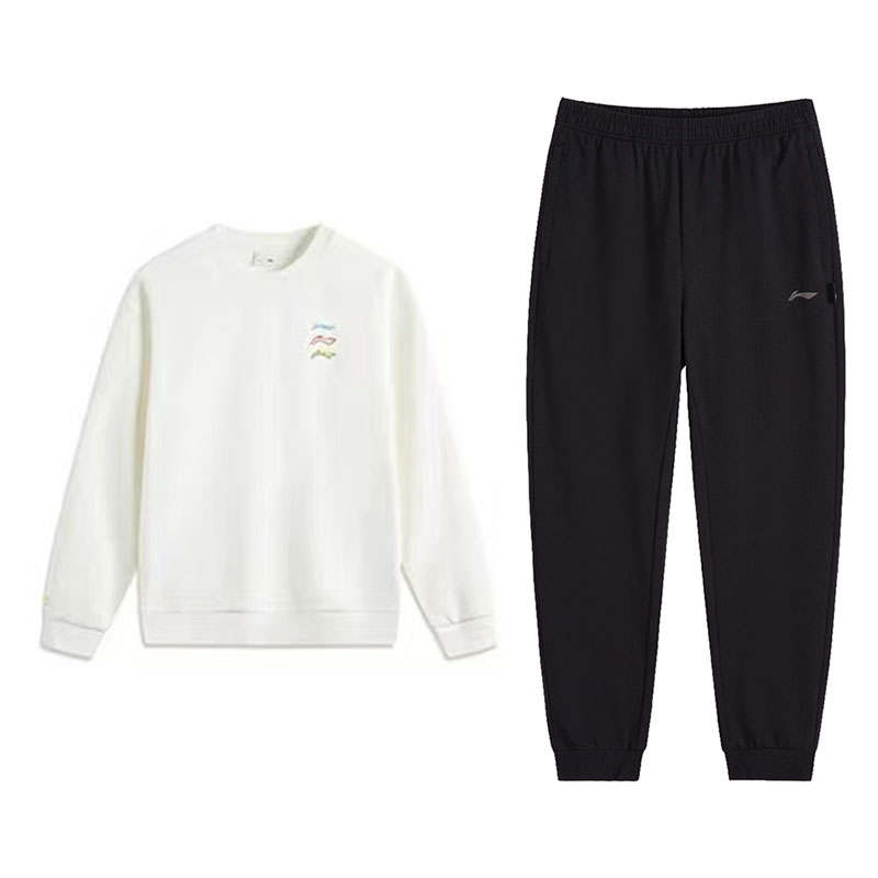 Li-Ning Li Ning Crew Neck Fleece Lined Thermal Sports Versatile Long Sleeved Comfortable Sweatpants Sweatshirt Set Unisex
