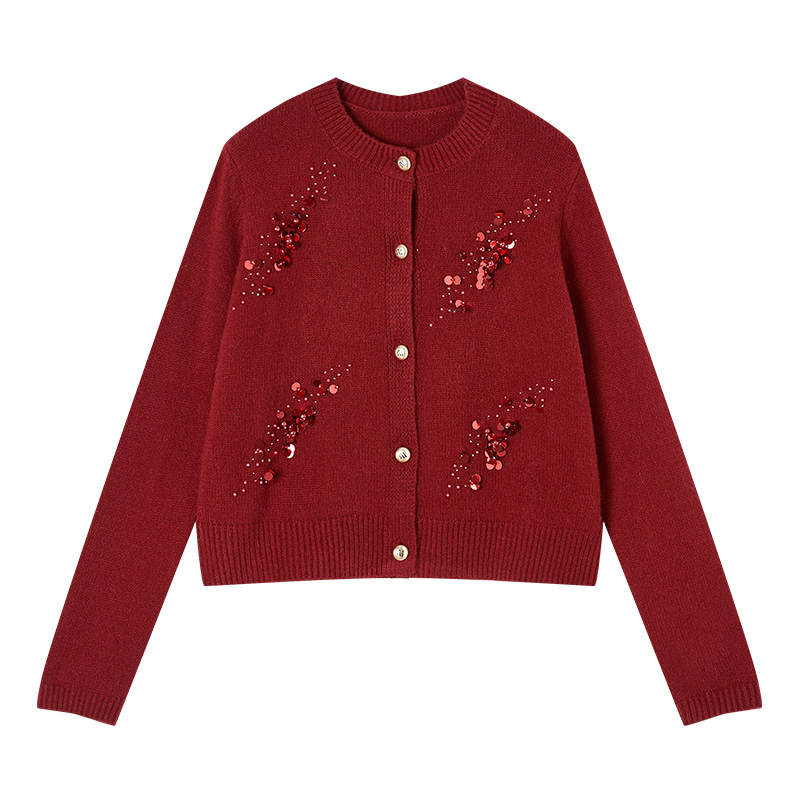 XIANGYING Knitwear Women's Red Crew Neck Moderate Cardigan