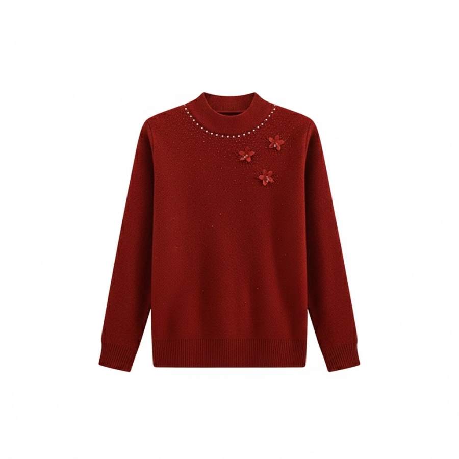 Hodo Mom's Winter Base Layer Beaded 3D Effect Floral Thickened And Fleece Lined Integrated Velvet Knitwear Women's