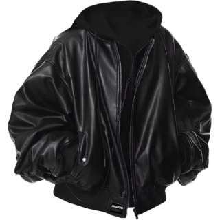 JIMI&JONS Leather Jackets Unisex Black[Mock Two Piece Leather Jacket] Hooded Thickened