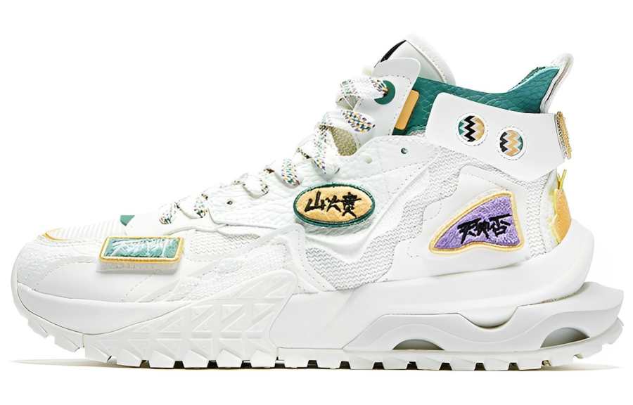 QIAODAN Rosefinch 3 Dull Slip Resistant Abrasion Resistant High top Sports Casual Shoes White Green Yellow