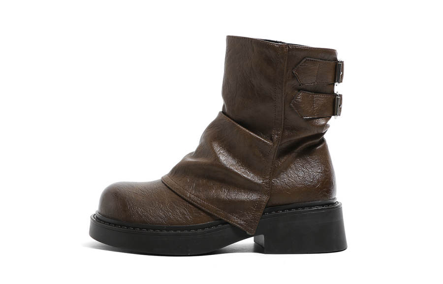HUANQIU Microfiber Leather Short Combat Boots Low Heel Women's