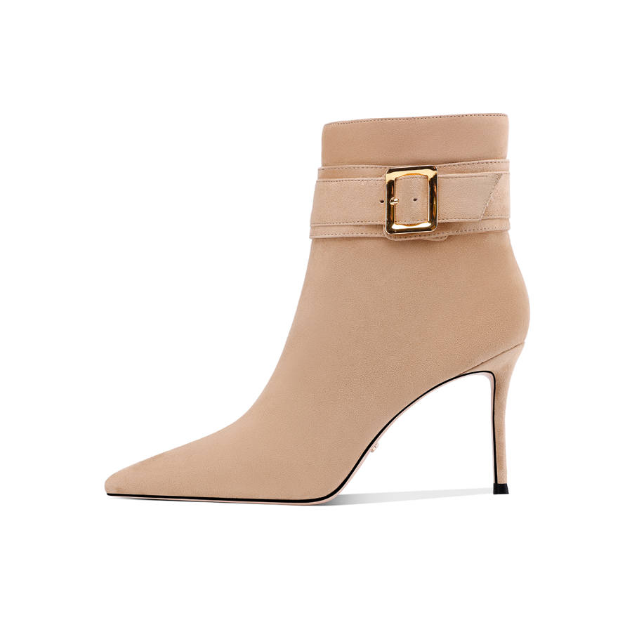 Shesrim Sheepskin, Comfortable Elegance High Heel Versatile Pointed Toe Slim Heel Fleece Lined Ankle Boots 8.5cm