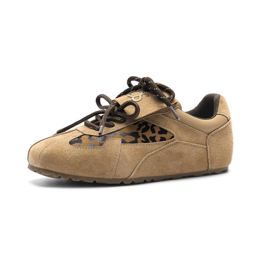 JOSINY Vintage Fashion Leopard Print, Flat Shoes Pig Split Leather, Fabric, Casual Shoes Women's Camel