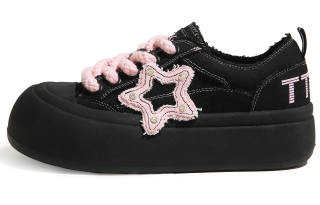 TTKJ Cute Urban Chic Style Black & Pink Multicolor, Breathable Canvas Stars Platform Large Head Height Increasing 5cm