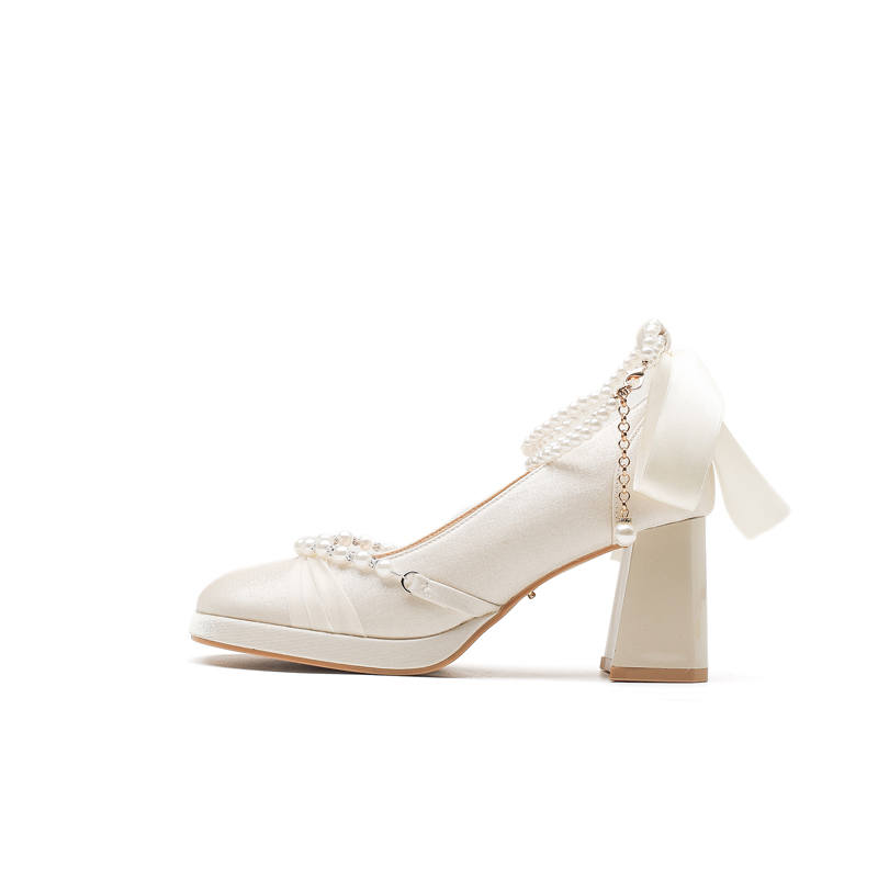 DUNNU Leather Chunky Heel High Heels Women's Apricot
