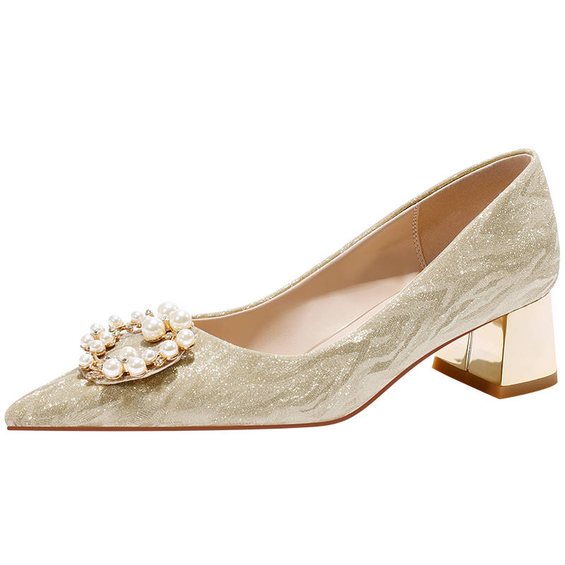 LANMOU Shinny Leather Chunky Heel High Heels Women's Gold