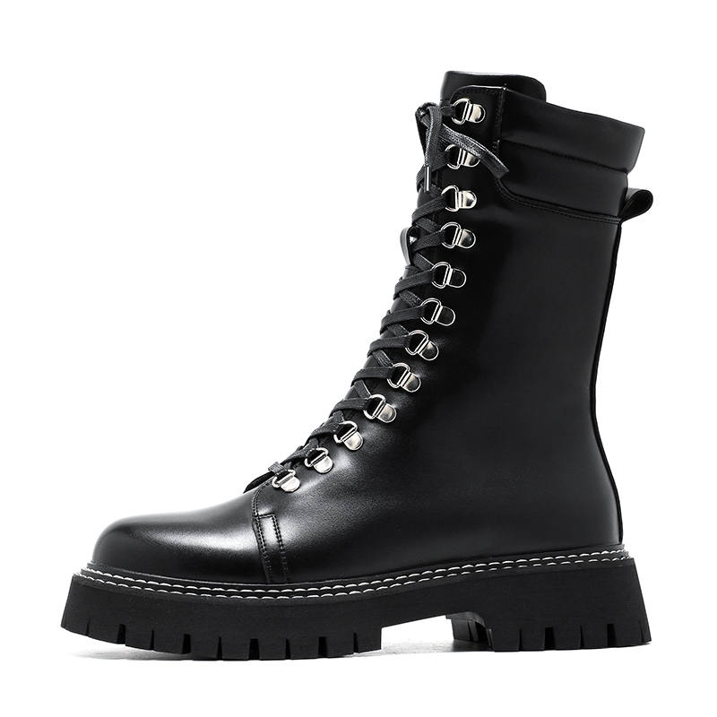 KAQIAODI Microfiber Leather Knee High Combat Boots Men's Black