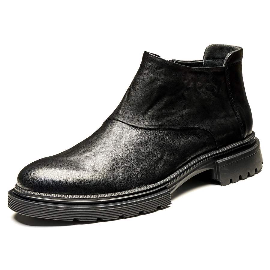 Brounvanm Brounvanm Top Grain Cow Leather Ankle Boots 4cm Men's Black
