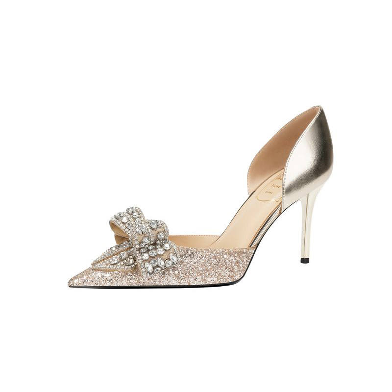 Zubumei Leather Slim Heel High Heels 8cm Women's Light Gold