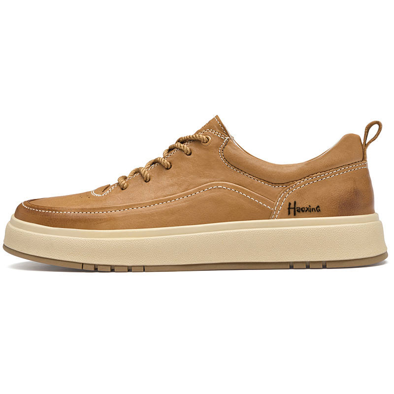 HAOXING Top Grain Cow Leather Casual Shoes Men's Light Brown