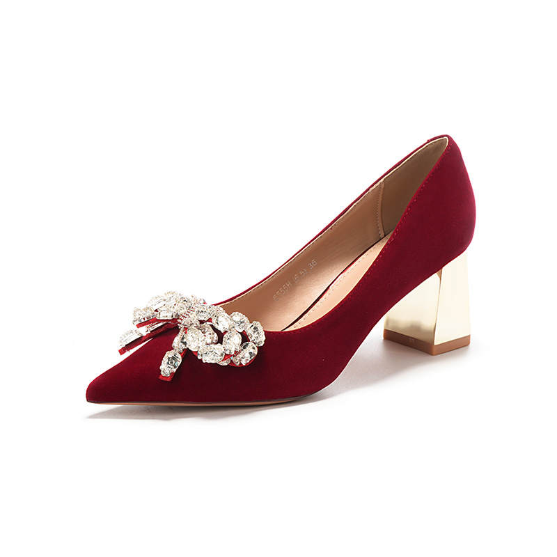 QITUMAUL Suede Chunky Heel High Heels Women's Red