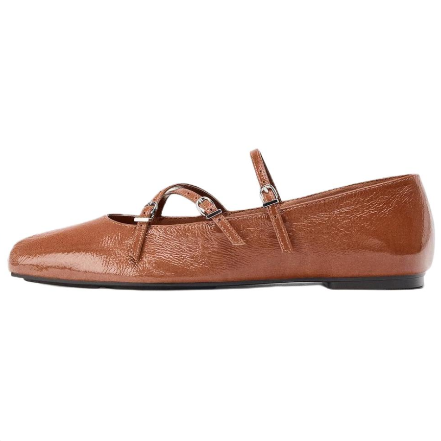 ZARA Sheepskin Flat Mary Jane Shoes 1CM Women's Beige