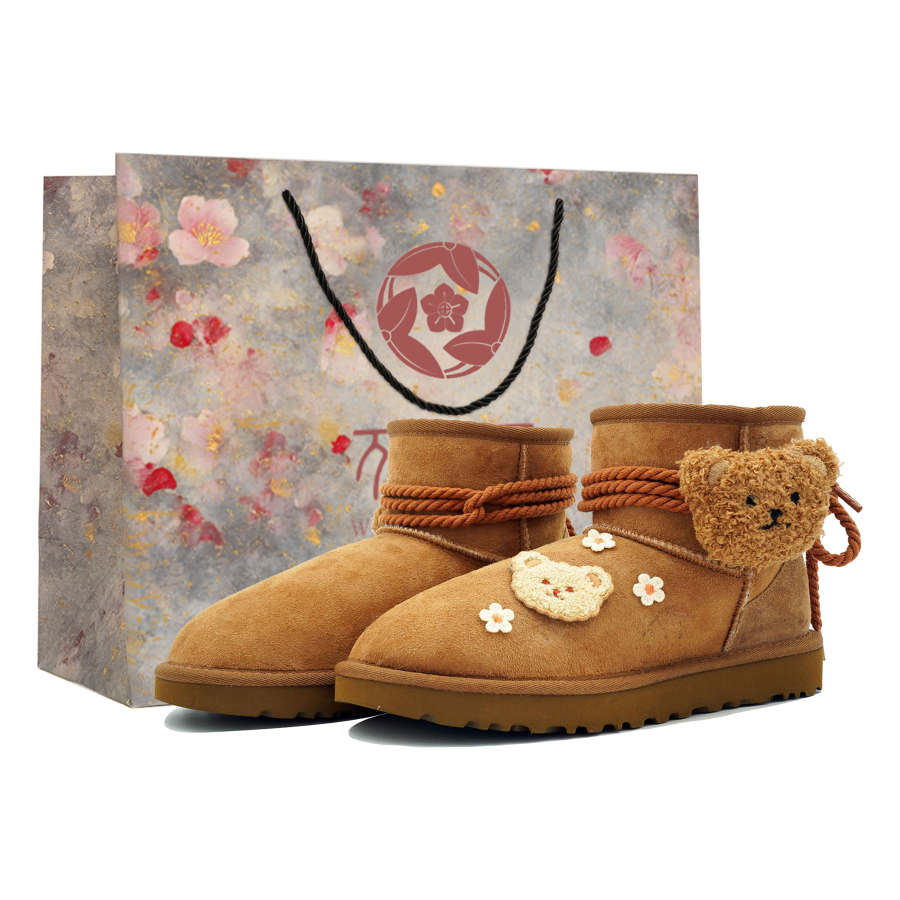 UGG CLASSIC MINI Wan Hua Nong, Milk Tea Bear, Shopping Bag, Plush, Fleece Lined Sheepskin Thermal Short Snow Boots