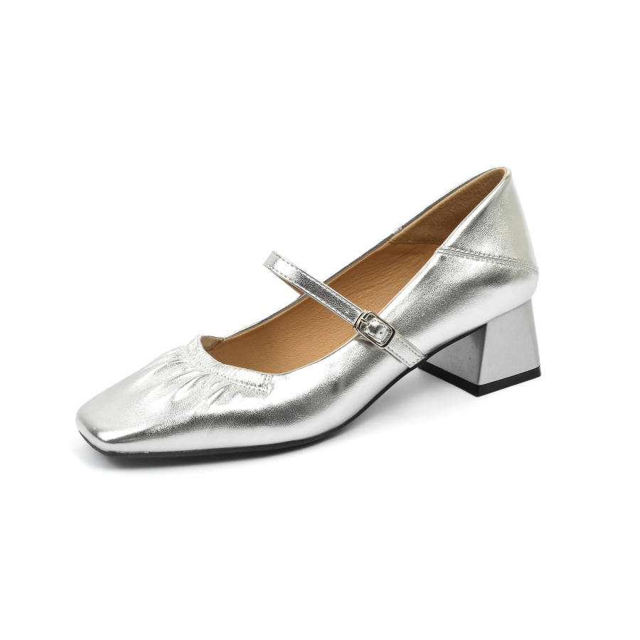 Zubumei Chunky Heel Mary Jane Shoes 5CM Women's Silver