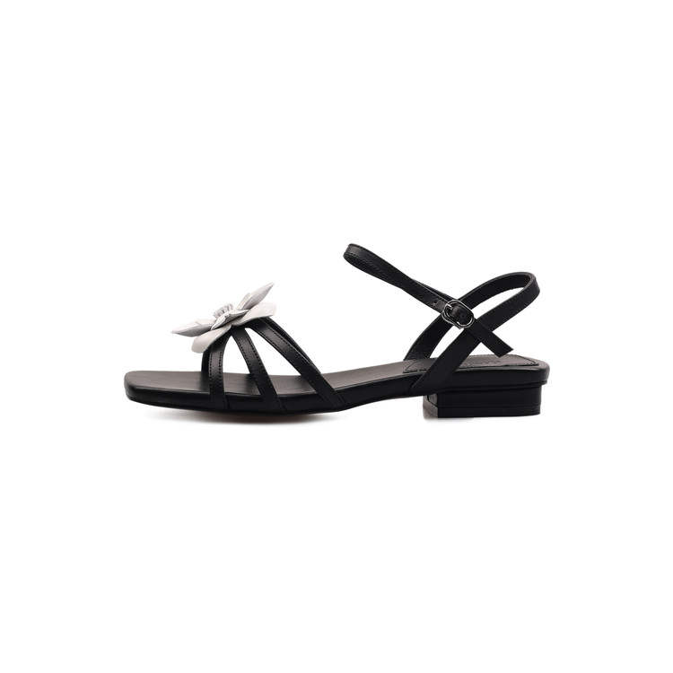 SUYANJIAO Top Grain Cow Leather One Strap Sandals Women's Black