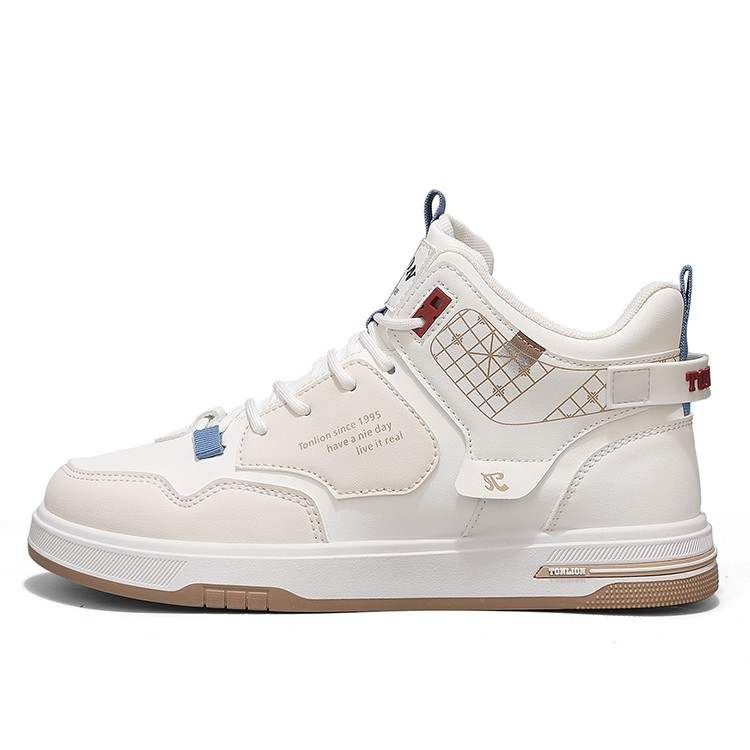 Tonlion Cushioning Height Increasing Abrasion Resistant Slip Resistant Mid top Skateboard Shoes Men's White Khaki