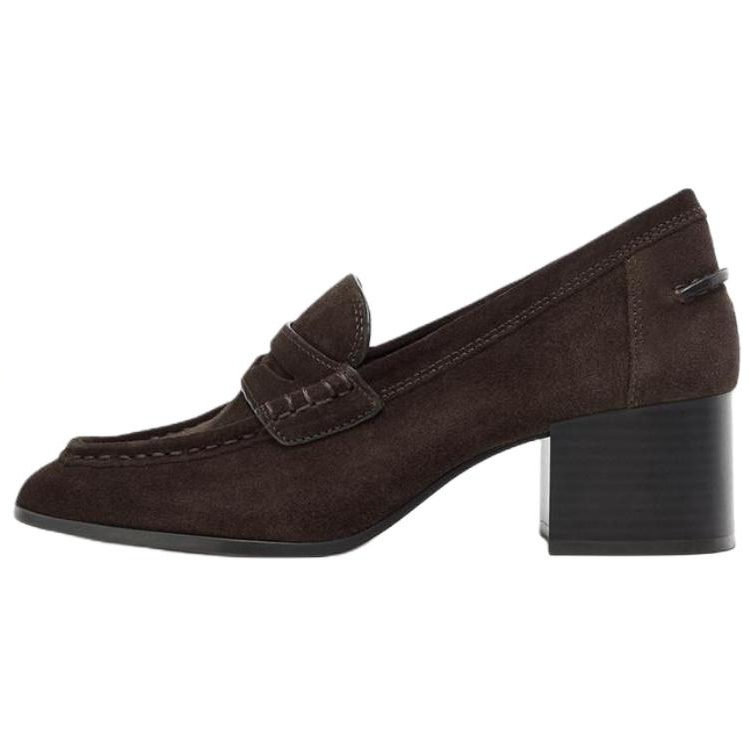 ZARA Cow Leather Chunky Heel High Heels 5.5cm Women's Brown