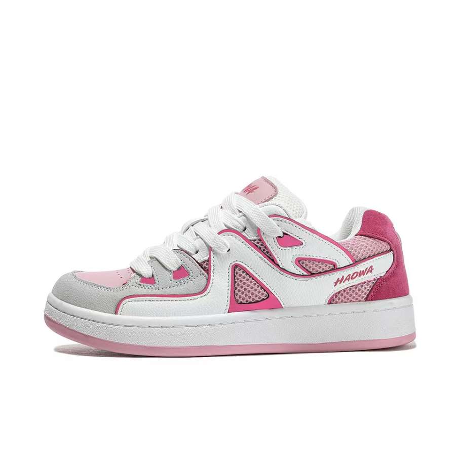 HAOWA Phantom Collection, Dreamy Pink Cow Split Leather Low top Skateboard Shoes Women's White Pink